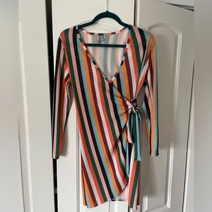 ASOS Design multi-color 70’s vertical stripe wrap and tie midi dress, size 8.